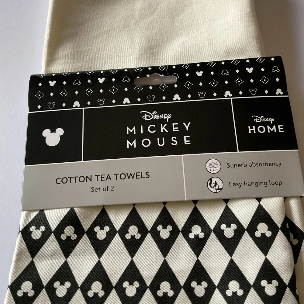 DISNEY SET OF 2 COTTON TEA DISH TOWELS MICKEY MOUSE BLACK AND WHITE NWT